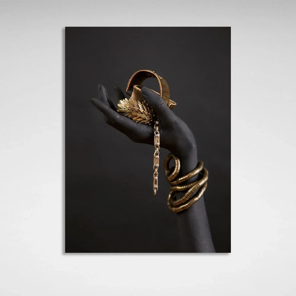The black hand of a woman with gold jewelry Canvas Wall Art Print