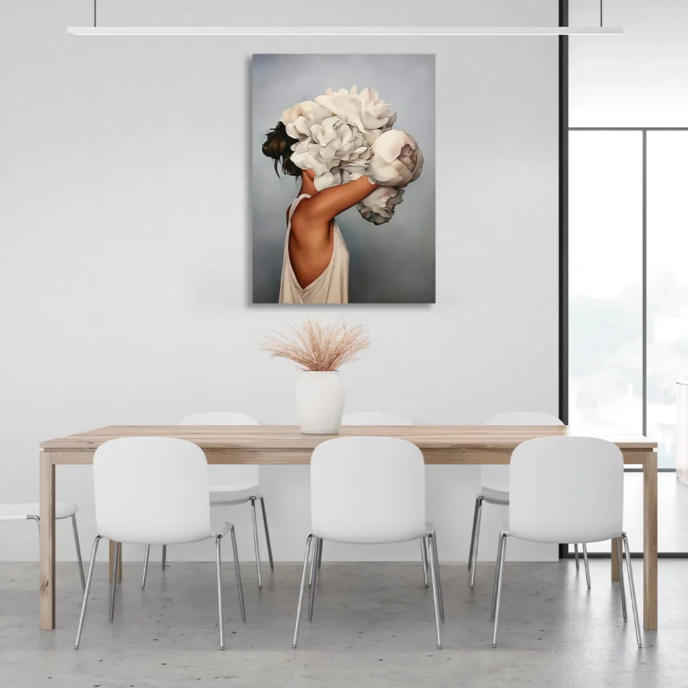 The girl with white flowers on her head is gray Canvas Wall Art Print