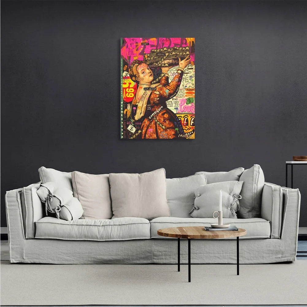 Woman with dollars graffiti Inspirational Canvas Wall Art Print