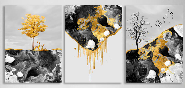 Modular abstract in dark shades with golden color Multi Panel Canvas Wall Art Print