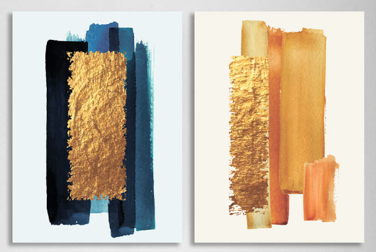 Modular gold and blue masks on a white background Multi Panel Canvas Wall Art Print