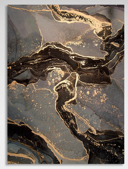Dark brown abstract with gray spots and gold lines Abstraction Canvas Wall Art Print