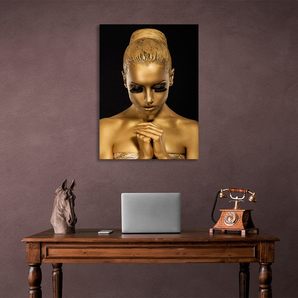 Woman in gold color on black background Canvas Wall Art Print