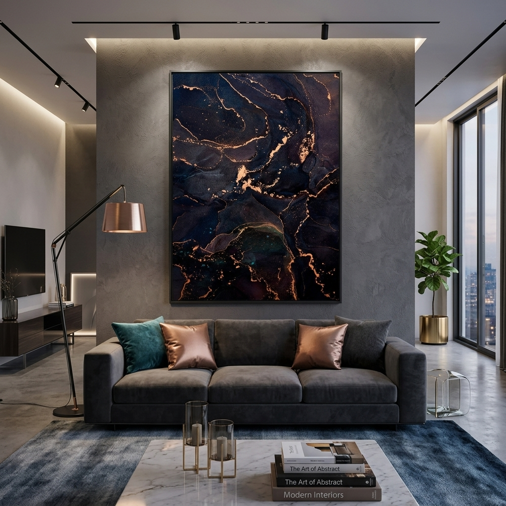 Dark blue and gold Abstraction Canvas Wall Art Print