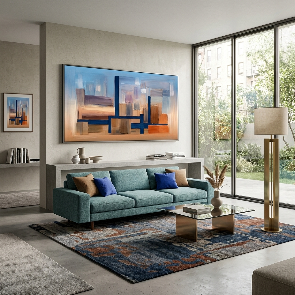 With a pronounced blue color against a background of blue and orange Abstraction Canvas Wall Art Print