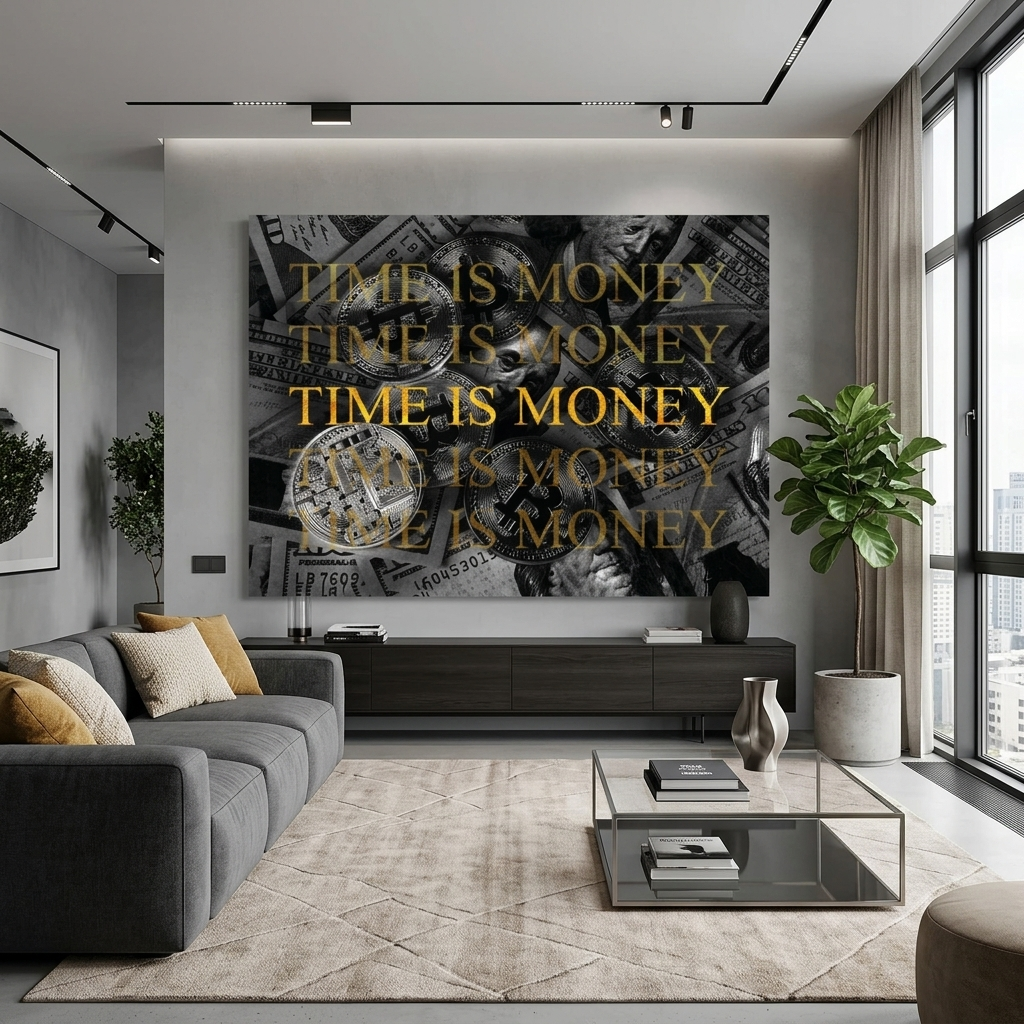 Dollars and bitcoin time money on a gray background Inspirational  Canvas Wall Art Print