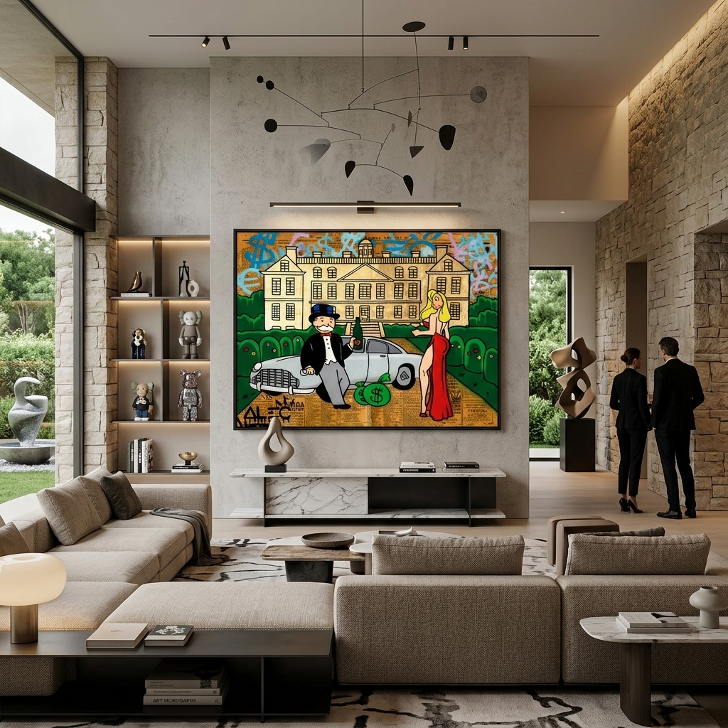 The girl and Alec Monopoly in the background of the car and the house Canvas Wall Art Print