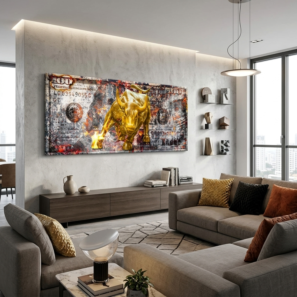 A gold bull on a 100-dollar bill Inspirational Canvas Wall Art Print