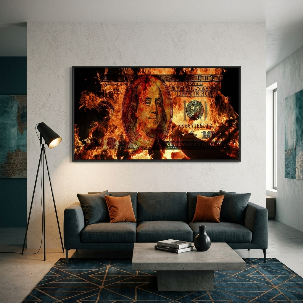 Inspirational Canvas Wall Art Print 100 dollars on fire