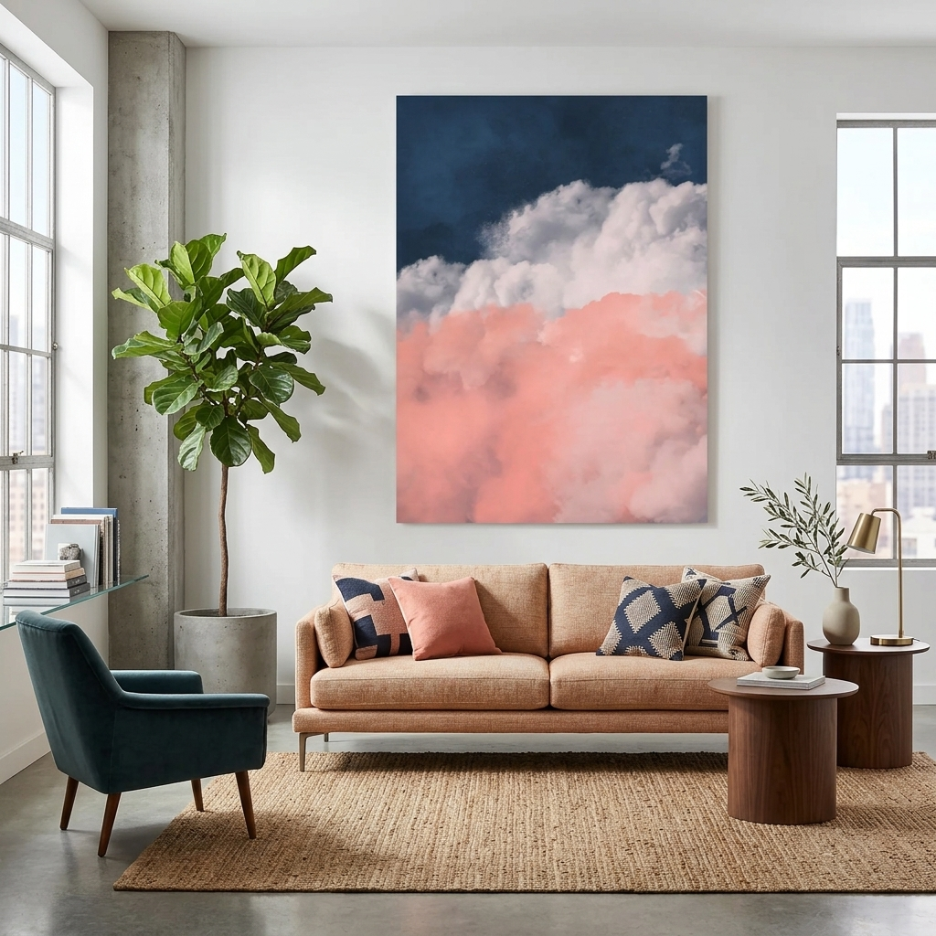 Pink-gray clouds on a blue background Canvas Wall Art Print