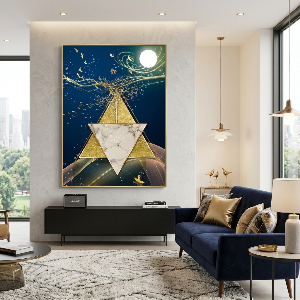 Geometric abstraction in blue gold and white colors Abstraction Canvas Wall Art Print