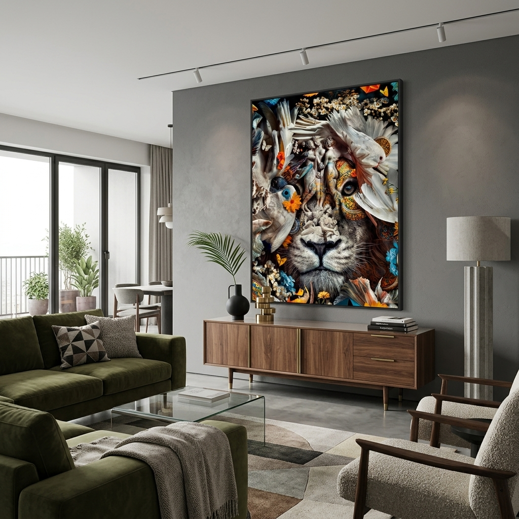 Interior White lion, birds and fish Canvas Wall Art Print