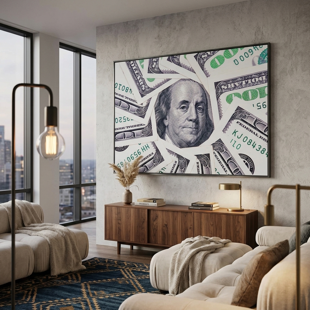 12 $100 bills, with a picture of Franklin in the middle. Inspirational Canvas Wall Art Print