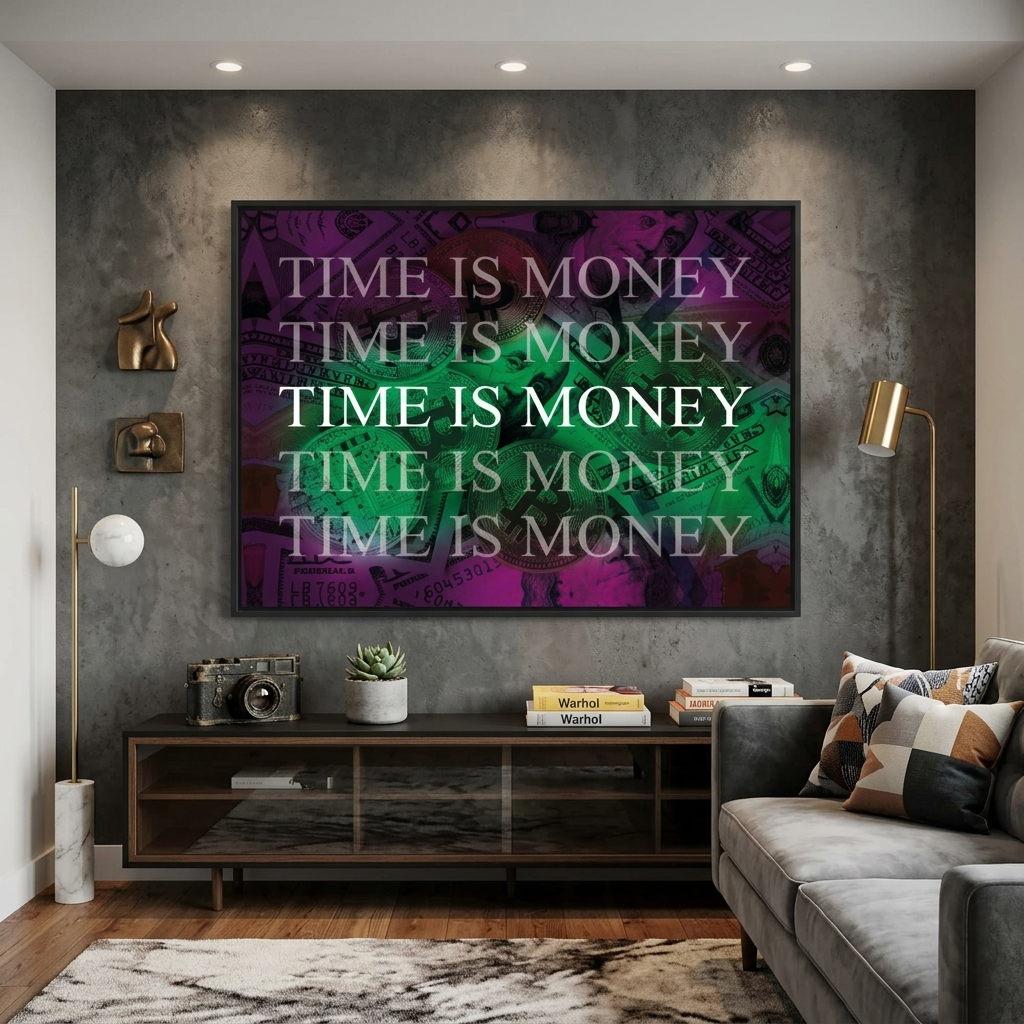 Dollars and bitcoin time is money on a purple background Inspirational  Canvas Wall Art Print