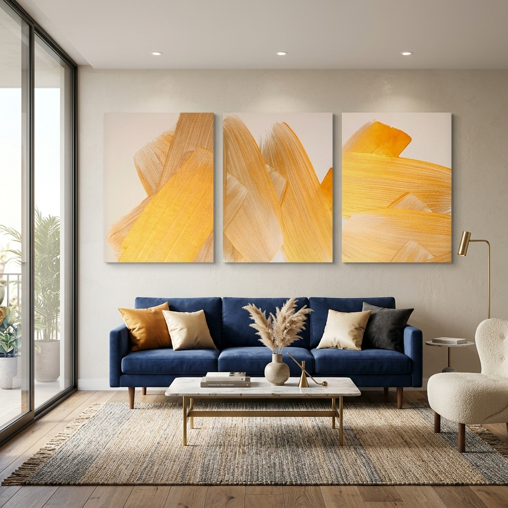 Modular gold strokes on a beige background Multi Panel Canvas Wall Art Print