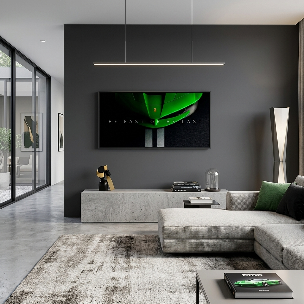 The hood of a green Ferrari  Canvas Wall Art Print
