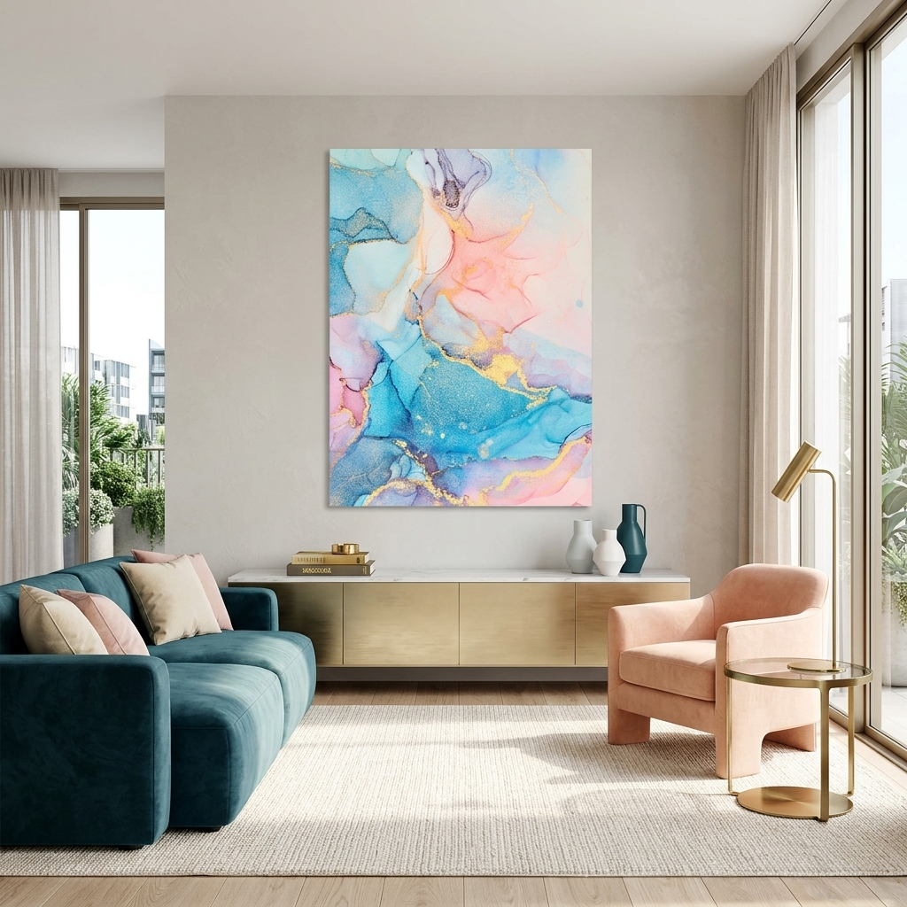 Powder pink with blue-gold tones Abstraction Canvas Wall Art Print