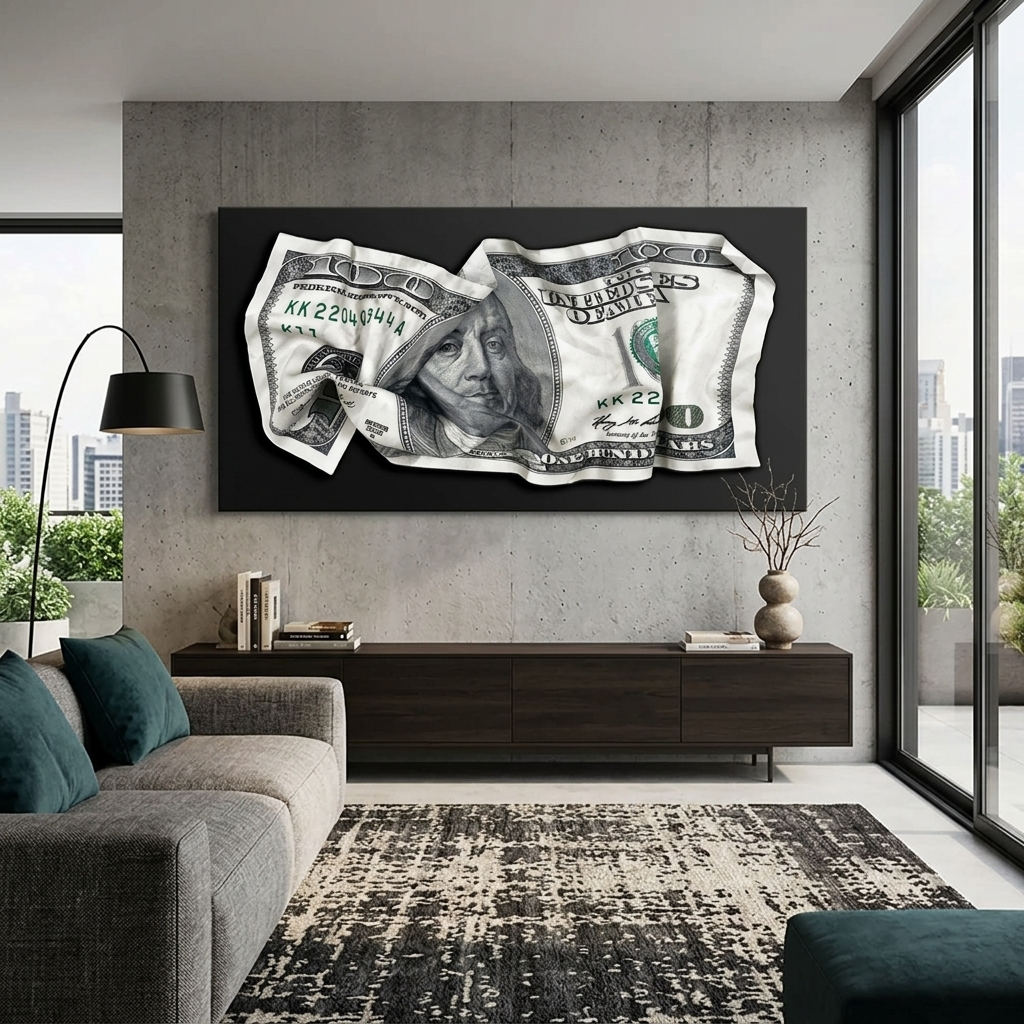 A crumpled $100 bill Inspirational Canvas Wall Art Print
