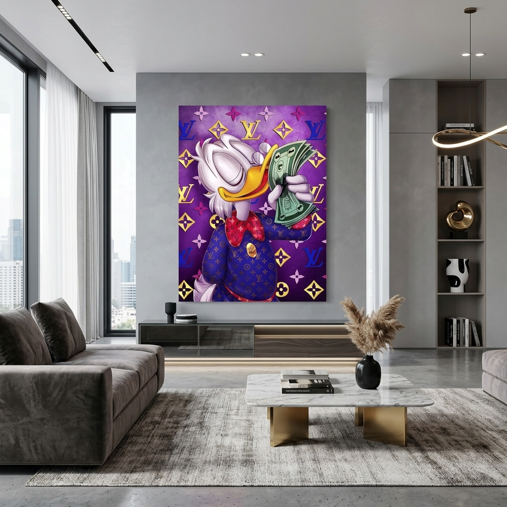 Inspirational Canvas Wall Art Print Scrooge with a bundle of dollars on purple background Chanel