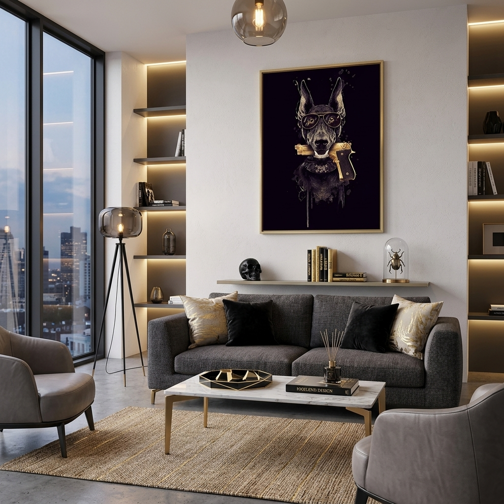 Doberman with a gun in his teeth. Canvas Wall Art Print