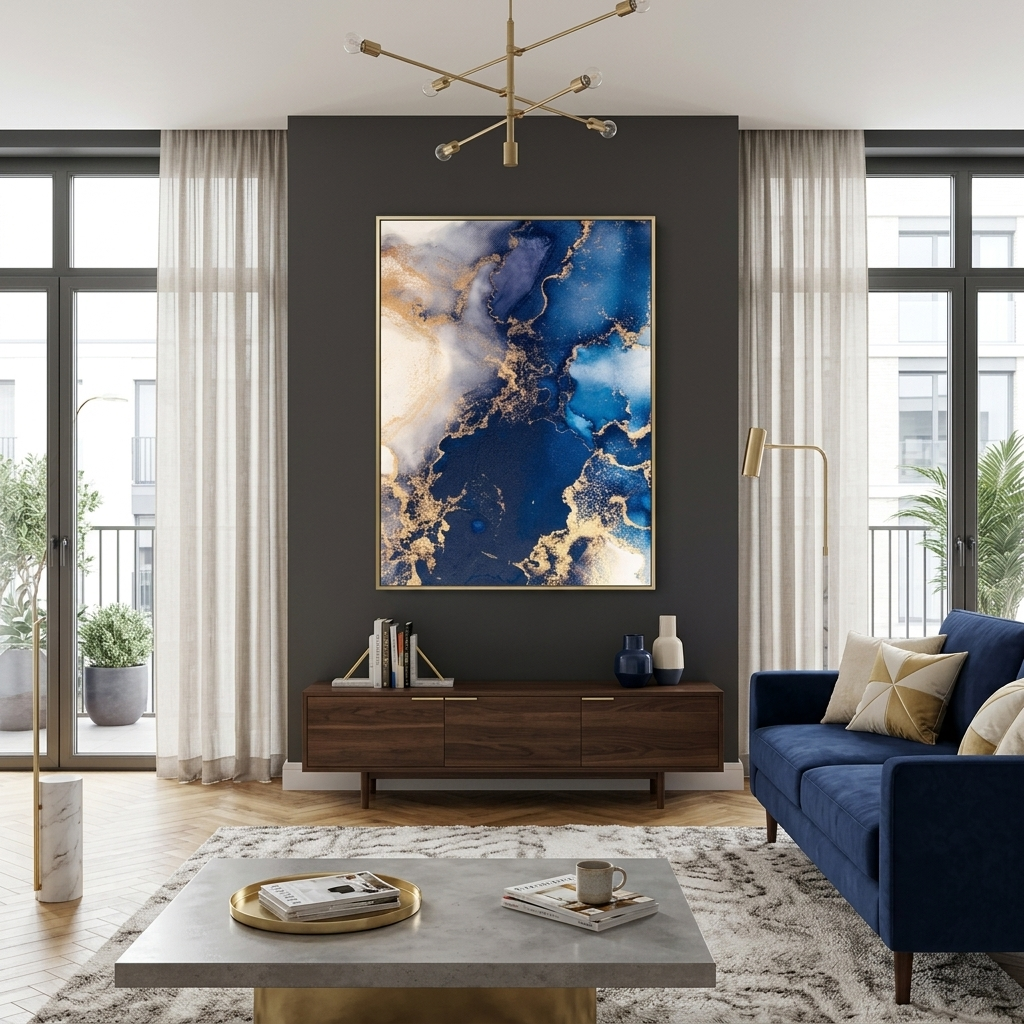 For interior Abstraction blue and gold sand Canvas Wall Art Print