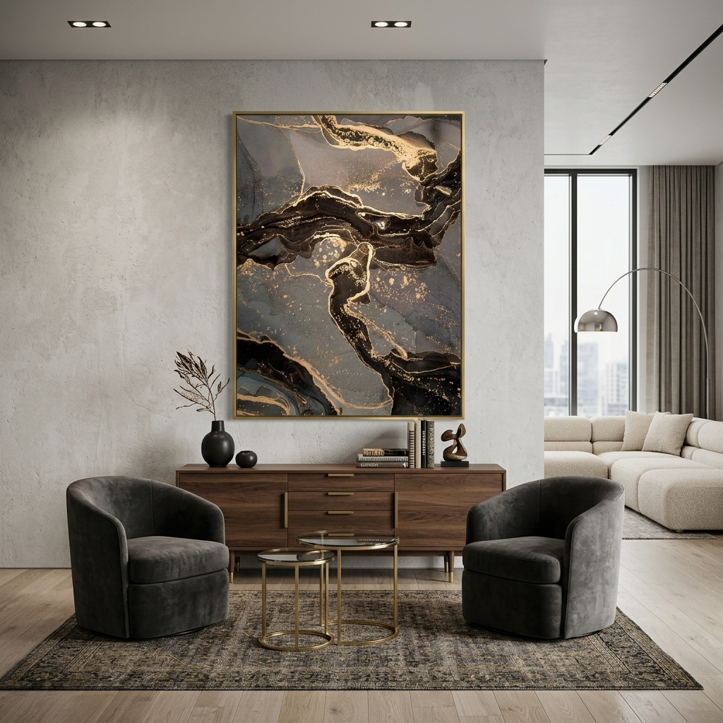 Dark brown abstract with gray spots and gold lines Abstraction Canvas Wall Art Print