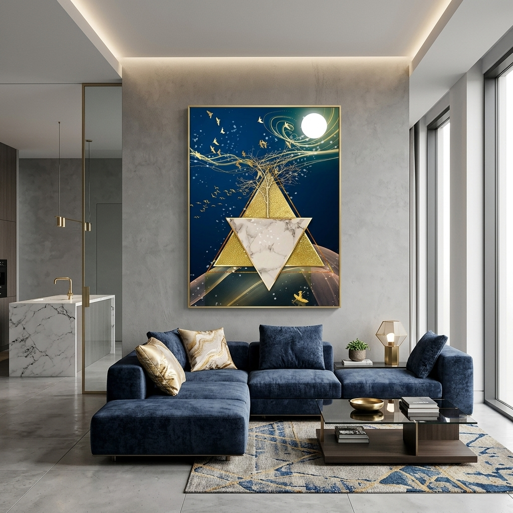 Geometric abstraction in blue gold and white colors Abstraction Canvas Wall Art Print
