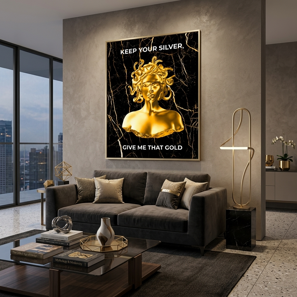 Gorgon Medusa with gold color and inscription Canvas Wall Art Print