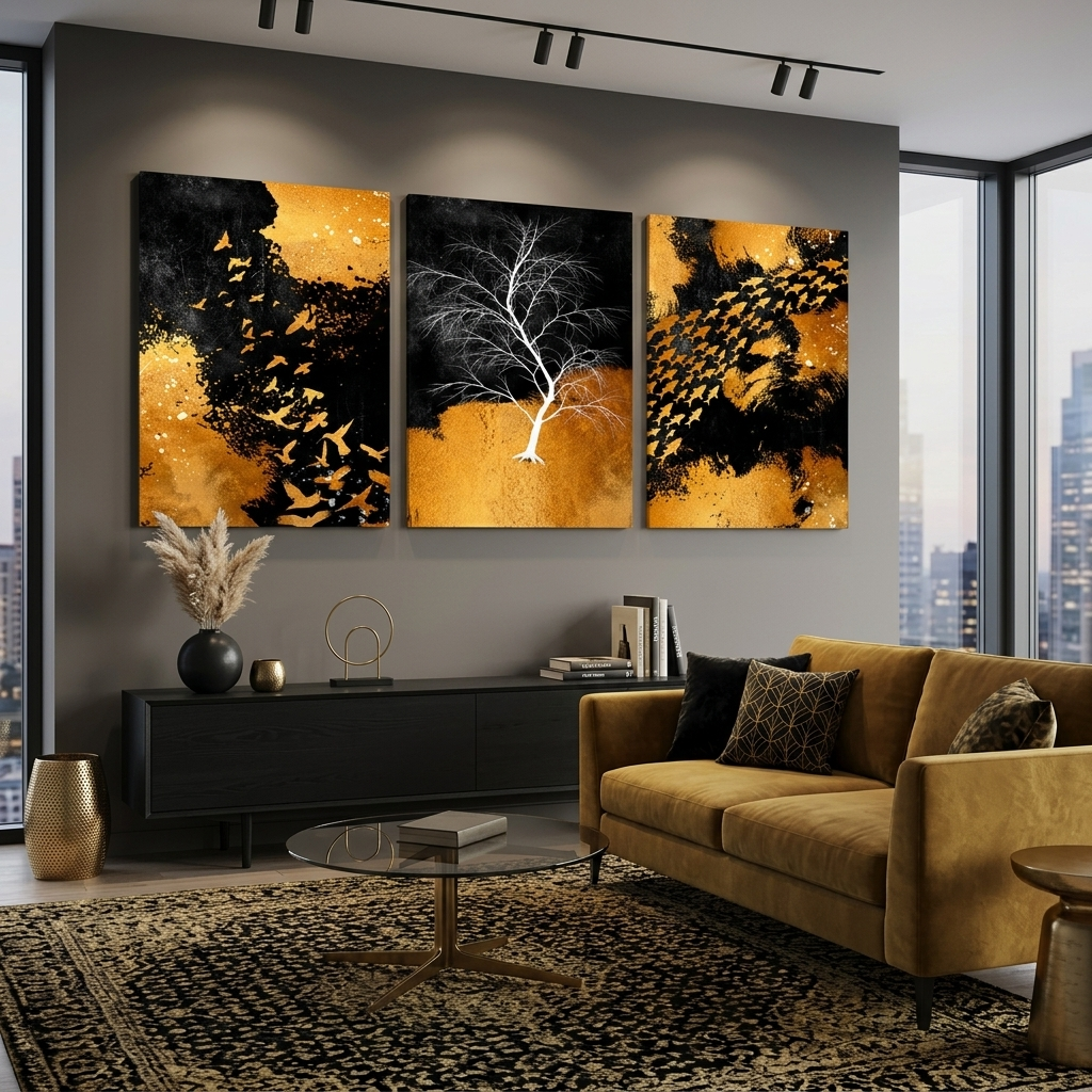 Modular abstraction in black gold and white colors Multi Panel Canvas Wall Art Print