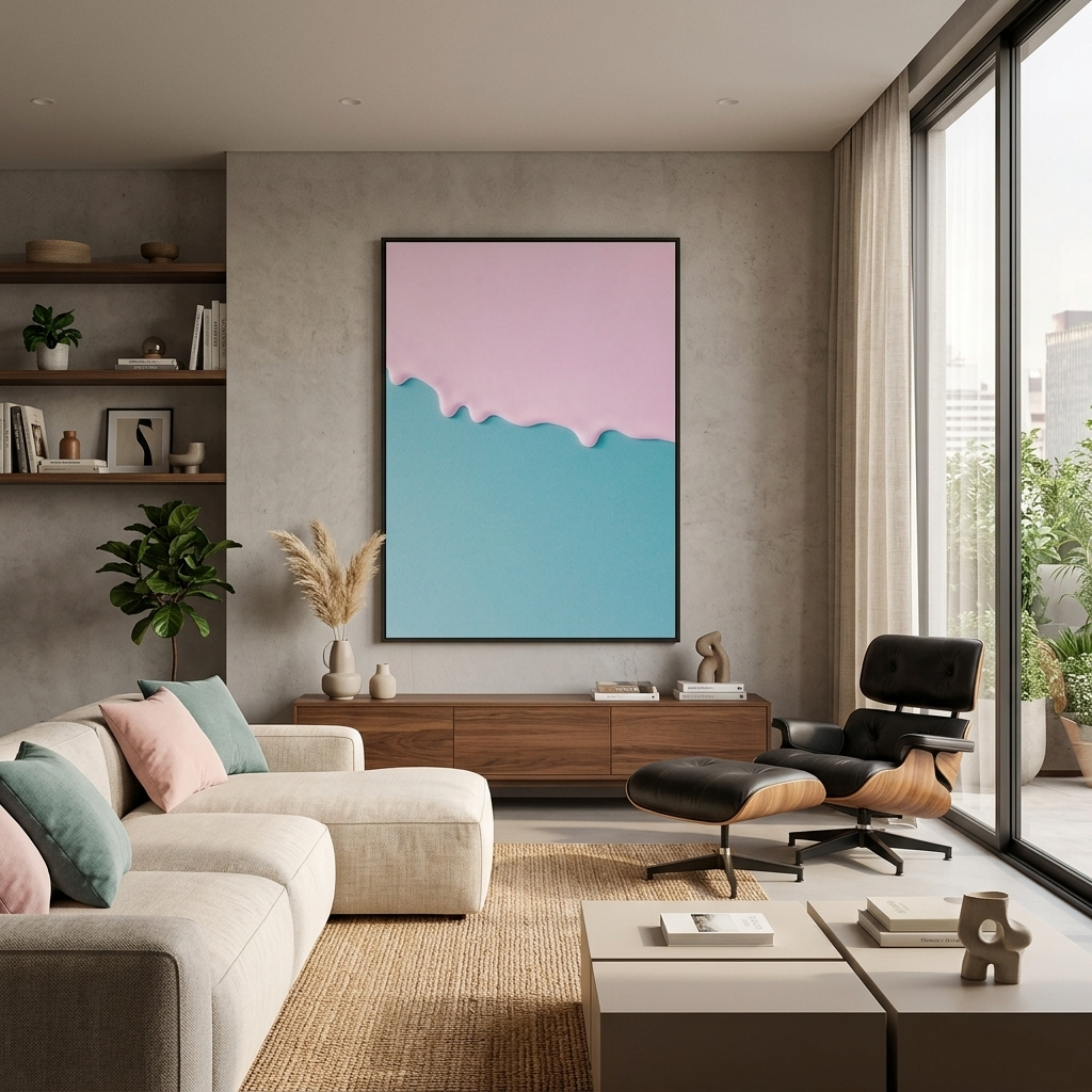 Spattered pink paint on a blue background Canvas Wall Art Print