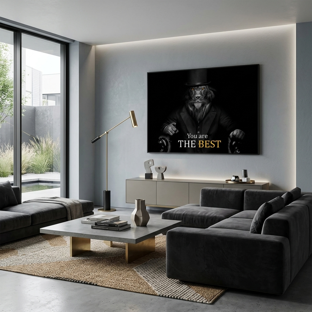 Lion in business suit hat on black background Motivational Canvas Wall Art Print