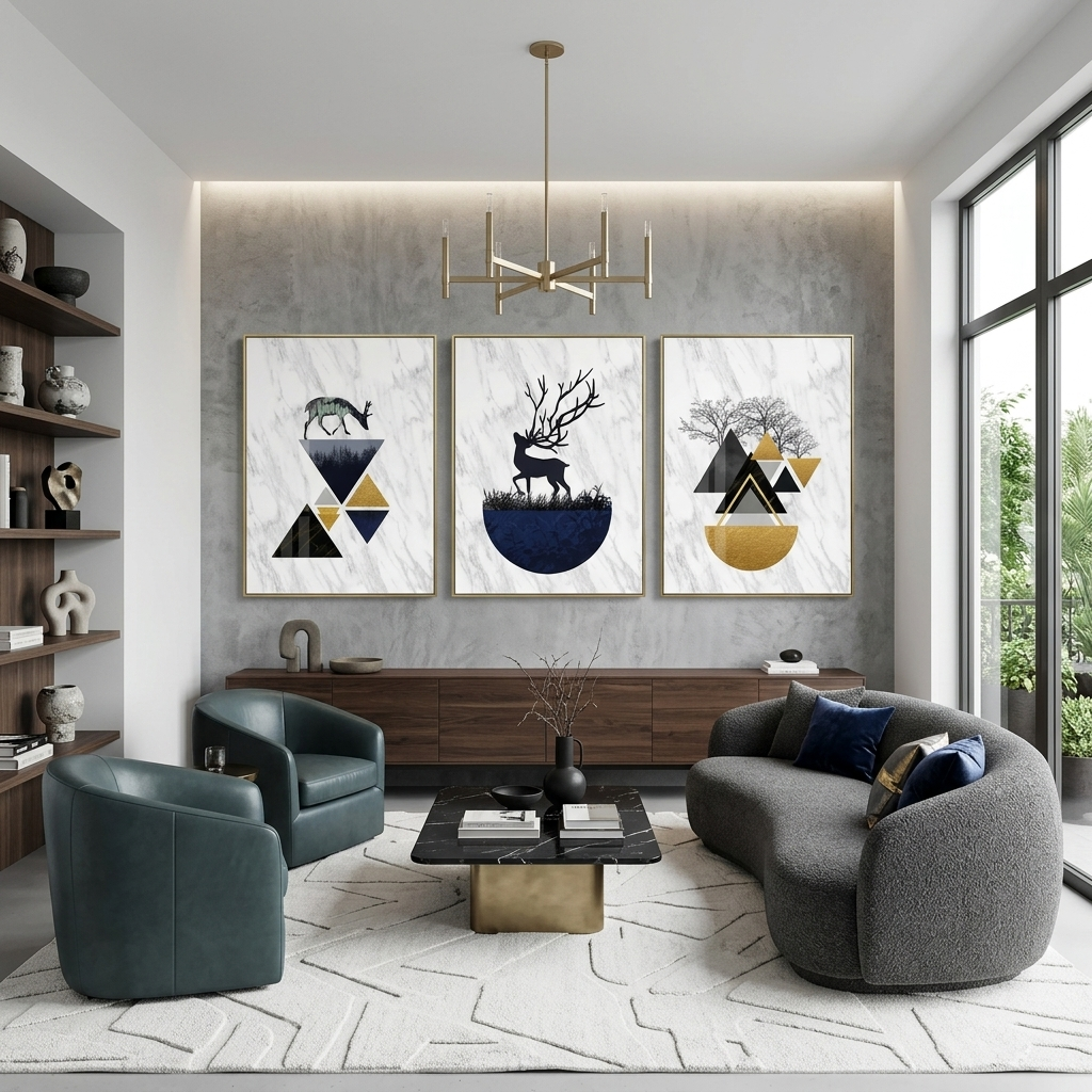 Multi Panel Canvas Wall Art Print Painting on canvas on the wall modular Deer on the background of geometric abstraction