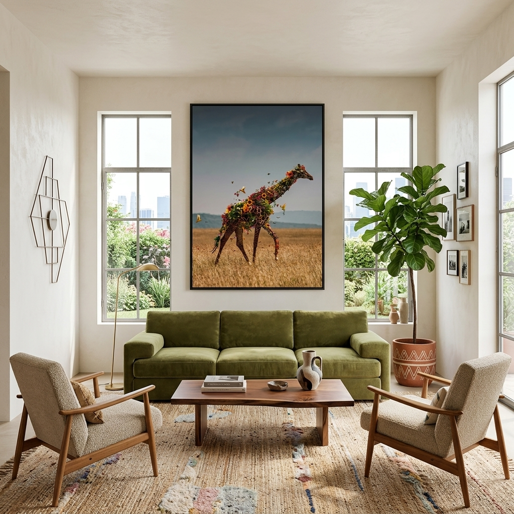 Interior A giraffe in flowers in a field Canvas Wall Art Print