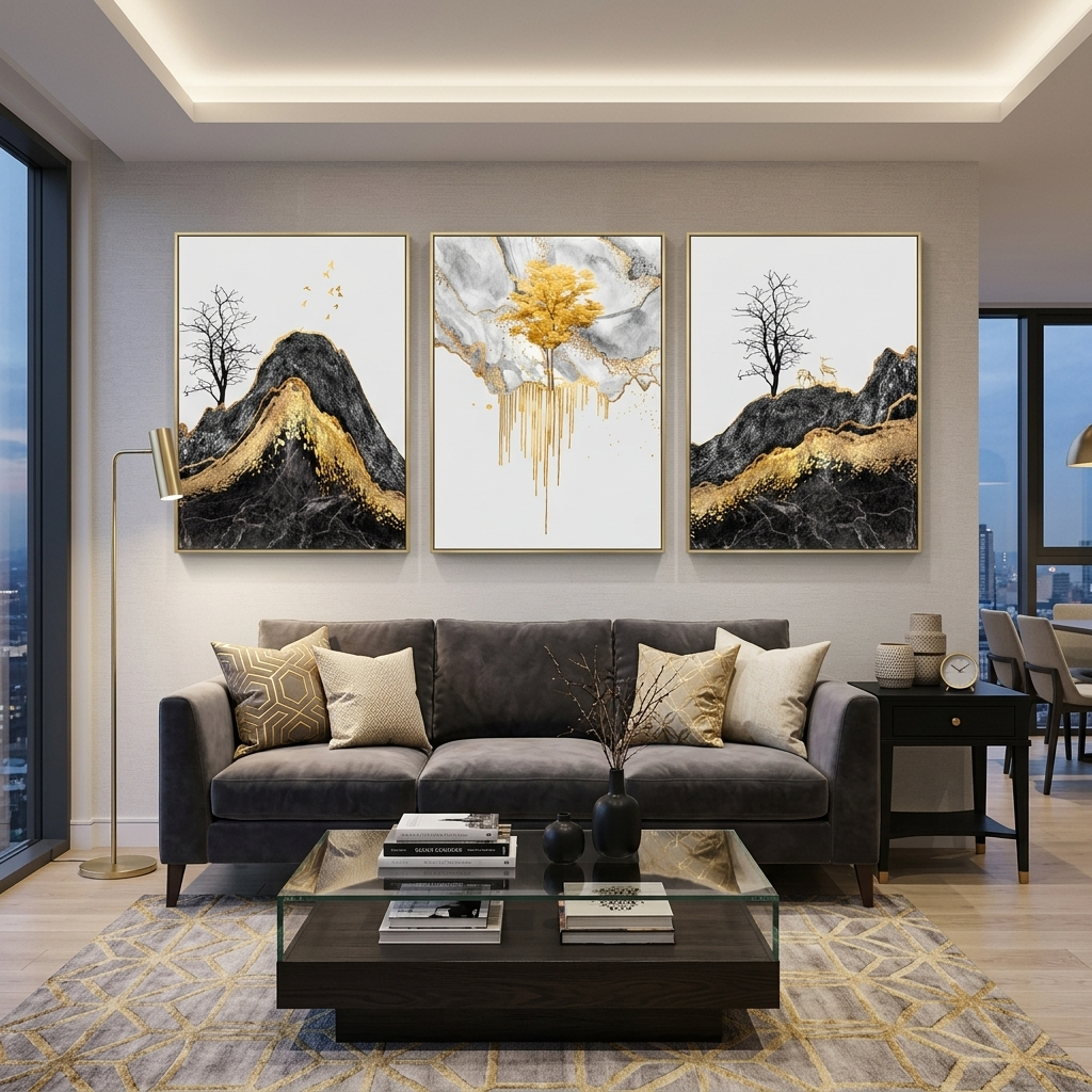 Modular abstract with a strong golden colorMulti Panel Canvas Wall Art Print
