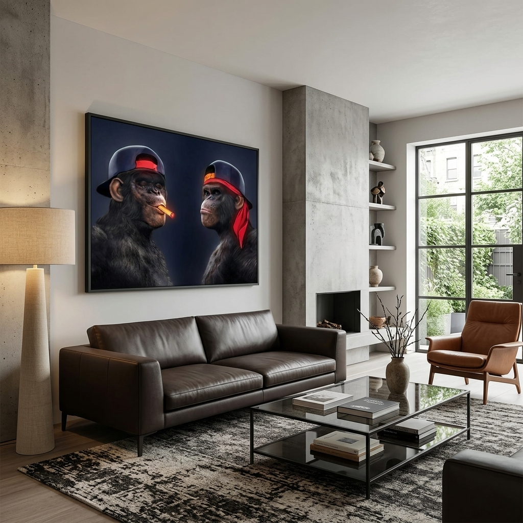 Two black gorillas with caps and one cigar Canvas Wall Art Print