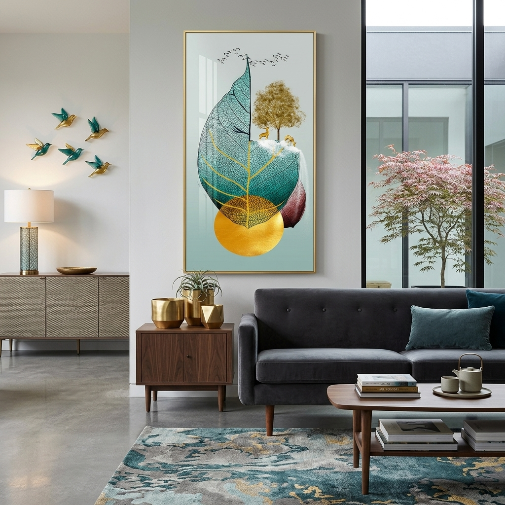 Leaf two deer tree and birds  Abstraction Canvas Wall Art Print