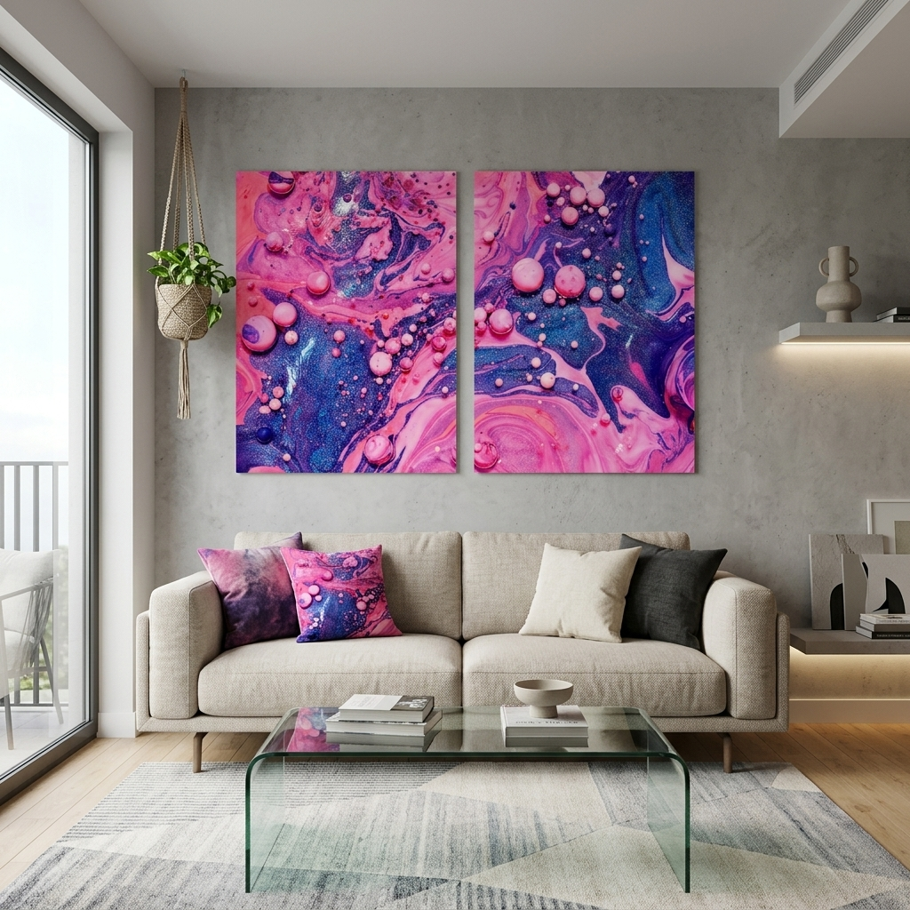 Modular pink and blue abstract Multi Panel Canvas Wall Art Print