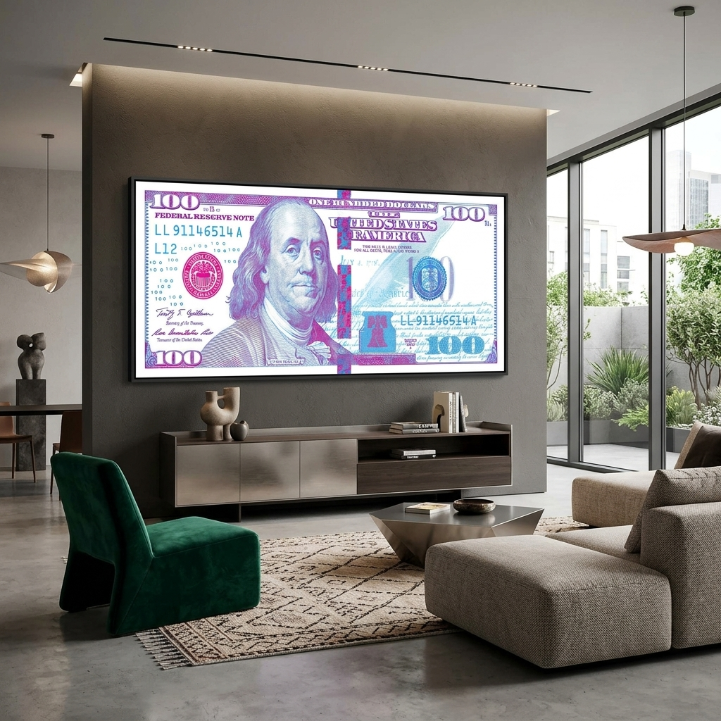 100 dollars white, purple and pink Inspirational Canvas Wall Art Print