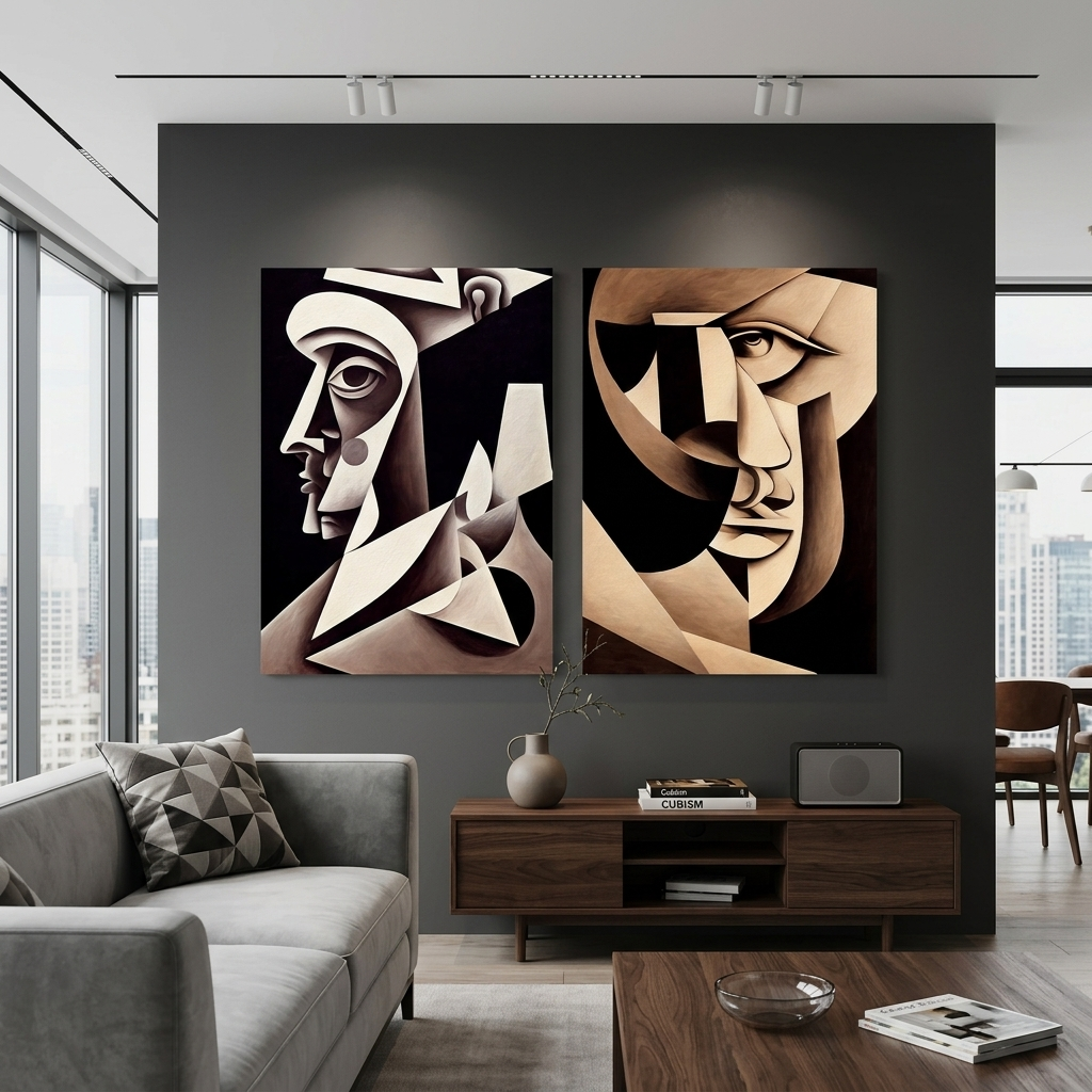 Modular 2-piece diptych Two portraits abstract cubism Multi Panel Canvas Wall Art Print