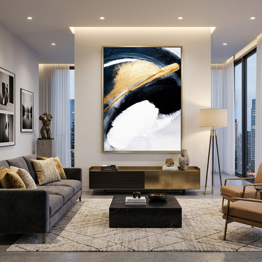 In white blue gold color Abstraction Canvas Wall Art Print