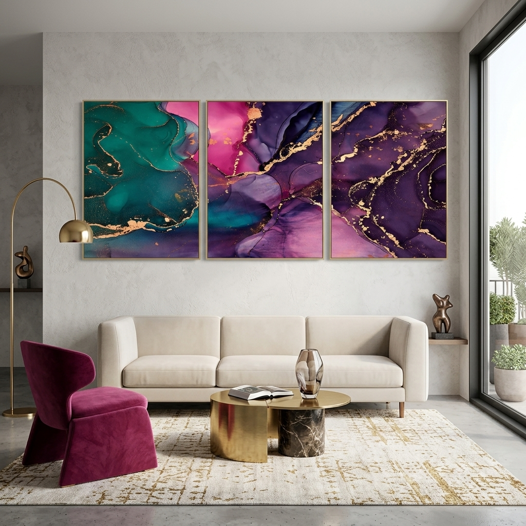 Modular purple and green abstract Multi Panel Canvas Wall Art Print