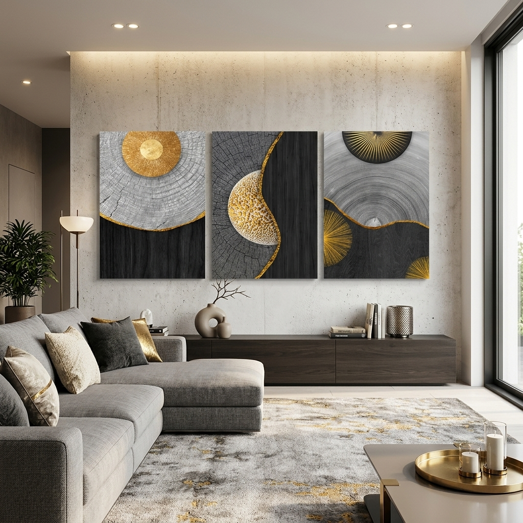 Modular of three-piece black and gray wood Multi Panel Canvas Wall Art Print