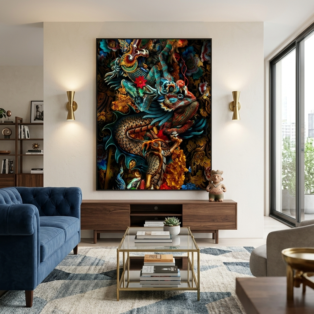 Interior The chameleon and the dragon Canvas Wall Art Print