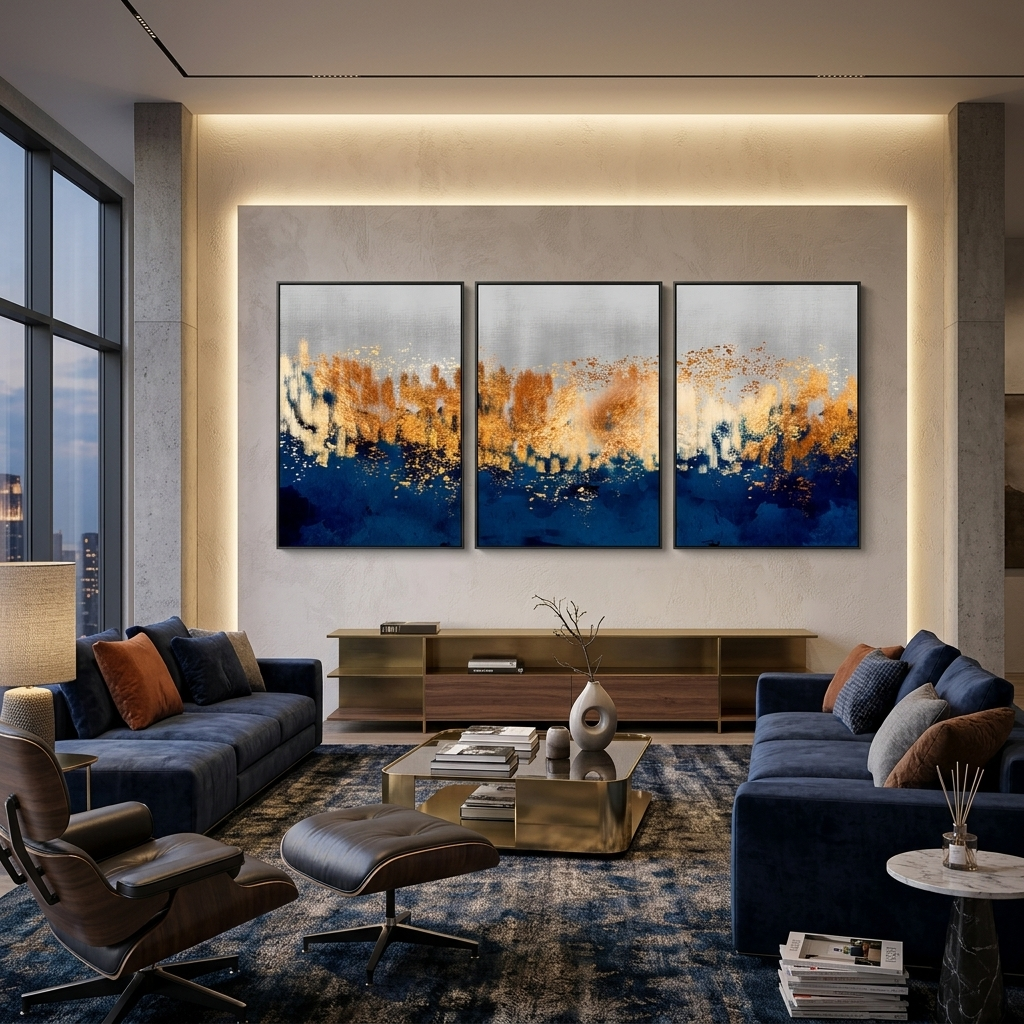 Modular gray-gold abstract with blue elements Multi Panel Canvas Wall Art Print