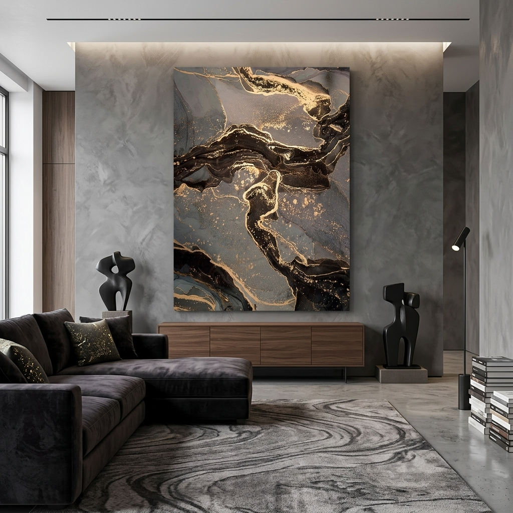 Dark brown abstract with gray spots and gold lines Abstraction Canvas Wall Art Print