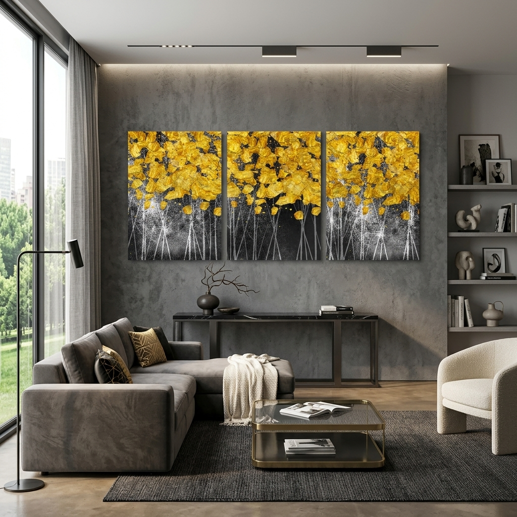 Modular gold spots on a dark gray background Multi Panel Canvas Wall Art Print