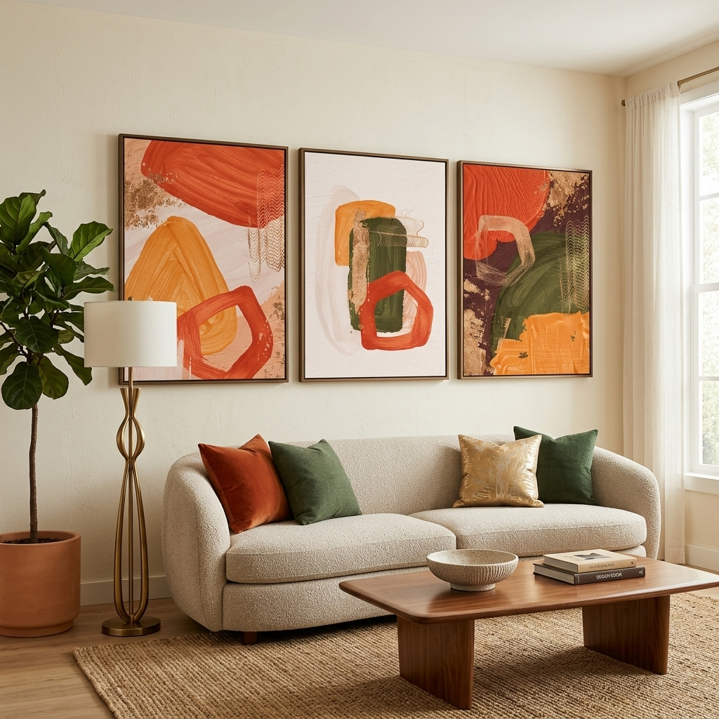Modular yellow-orange abstract with green elements Multi Panel Canvas Wall Art Print