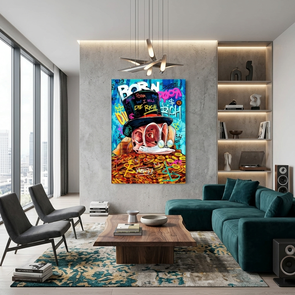 Scrooge's skull on a pile of gold coins Inspirational Canvas Wall Art Print