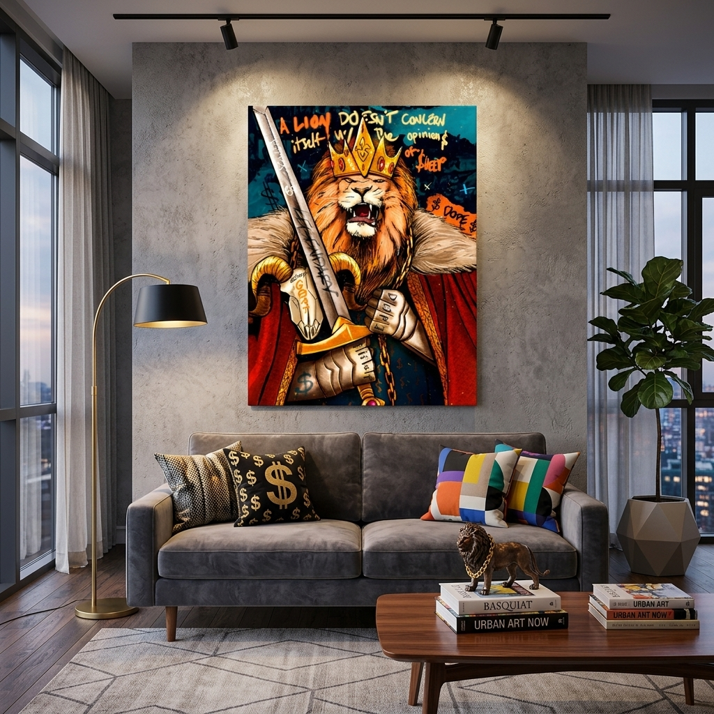 A lion man with a crown and a sword in his hands Motivational Canvas Wall Art Print