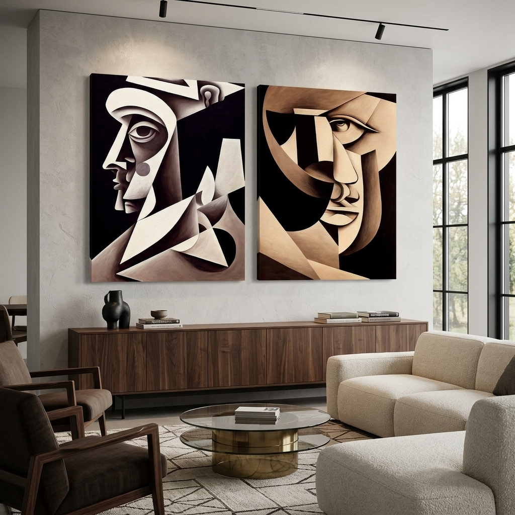 Modular 2-piece diptych Two portraits abstract cubism Multi Panel Canvas Wall Art Print